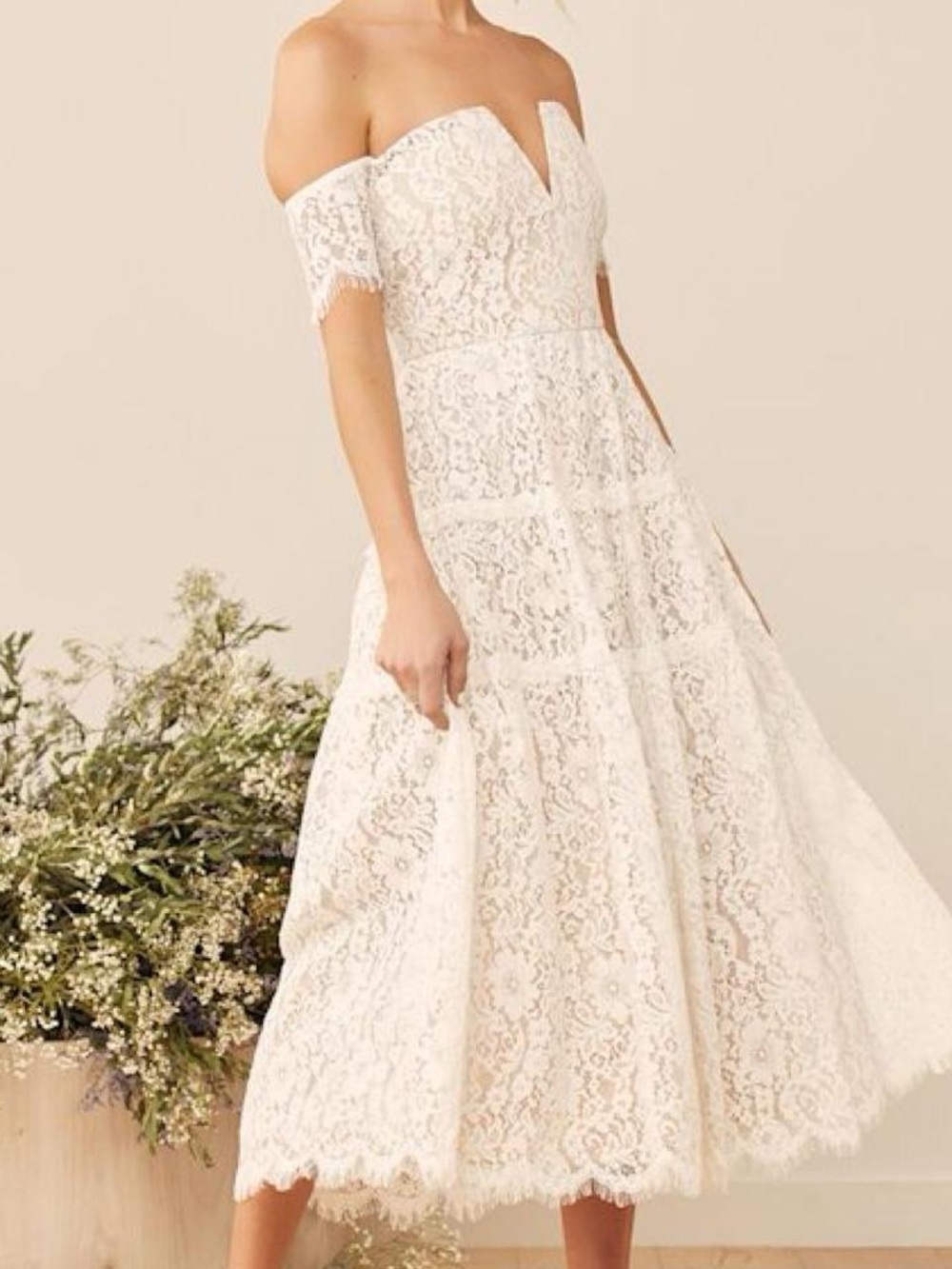 Lulu's White Ivory Lace Off the Shoulder Midi Dress